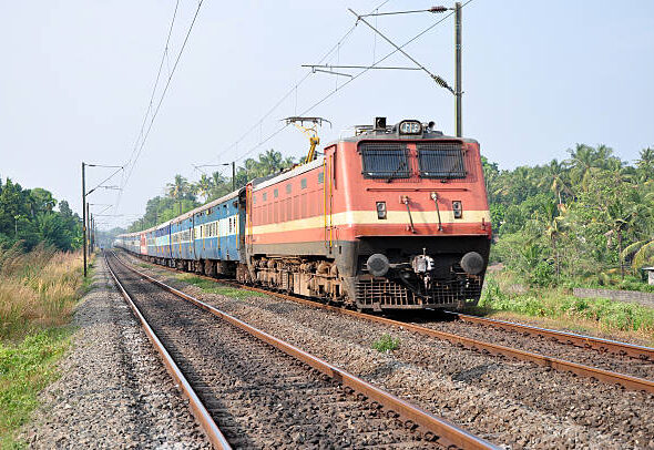 An Indian passenger train in Kerala, India.